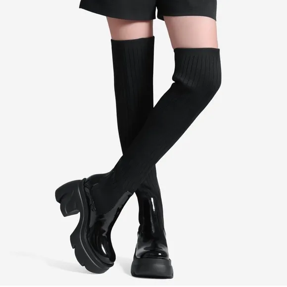 Thigh High Boots Round Toe Mid Chunky Heel Stretch Over the Knee Boots