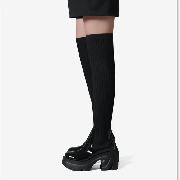Thigh High Boots Round Toe Mid Chunky Heel Stretch Over the Knee Boots