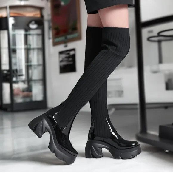 Thigh High Boots Round Toe Mid Chunky Heel Stretch Over the Knee Boots