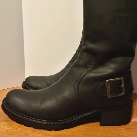 Timberland Lexiss Women's 7M Black Leather Boots Tall Riding 61629 Buckles Zip