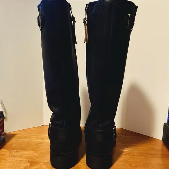 Timberland Lexiss Women's 7M Black Leather Boots Tall Riding 61629 Buckles Zip