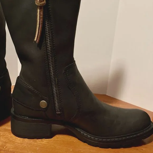 Timberland Lexiss Women's 7M Black Leather Boots Tall Riding 61629 Buckles Zip