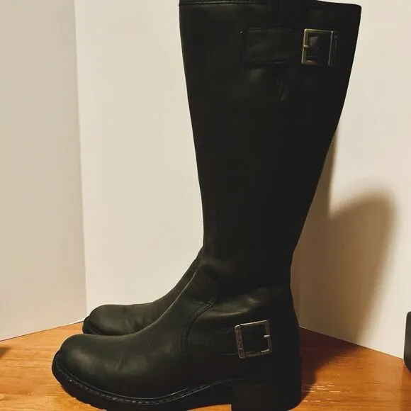 Timberland Lexiss Women's 7M Black Leather Boots Tall Riding 61629 Buckles Zip
