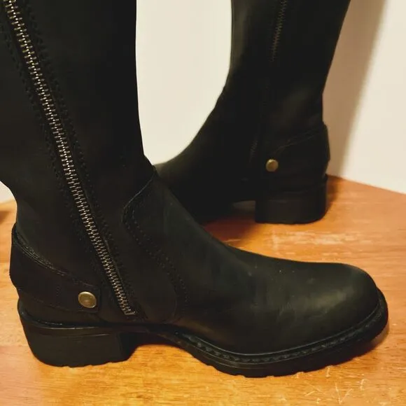 Timberland Lexiss Women's 7M Black Leather Boots Tall Riding 61629 Buckles Zip