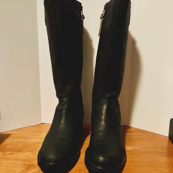 Timberland Lexiss Women's 7M Black Leather Boots Tall Riding 61629 Buckles Zip