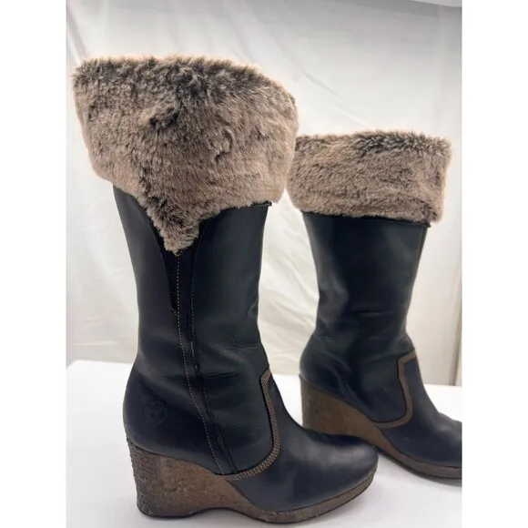 Timberland Monogram Tall Slip On Womens Boots 86328 Black Leather Sizes 6