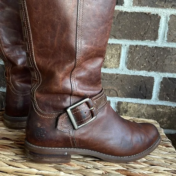 Timberland Tobacco Brown Leather Savin Hill Adjustable Shaft Riding Boots