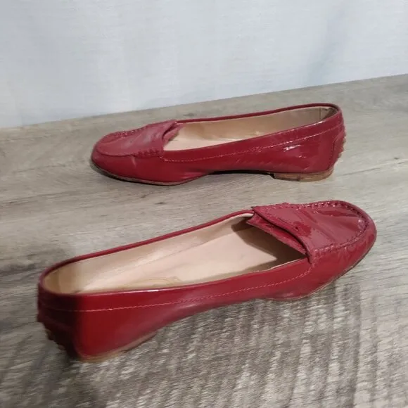 Tod's Red Patent Leather Slip On Loafers Size 7.5
