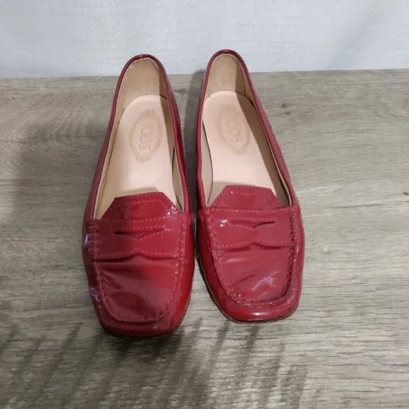 Tod's Red Patent Leather Slip On Loafers Size 7.5