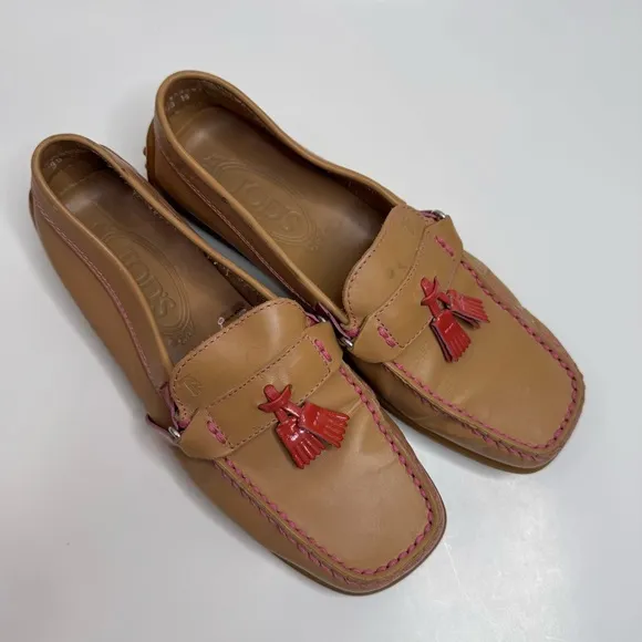 Tod’s Tan Loafers with Red Tassels