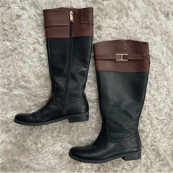 Tommy Hilfiger Black Tan Full Zip Riding Boots Size 6.5