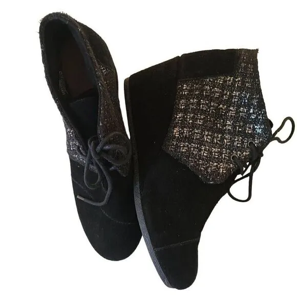 Toms Womens Shoes Boots Kala Desert Wedge Bootie Black Silver Tweed Suede 9.5