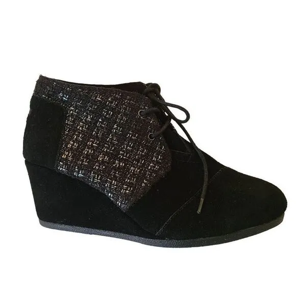 Toms Womens Shoes Boots Kala Desert Wedge Bootie Black Silver Tweed Suede 9.5