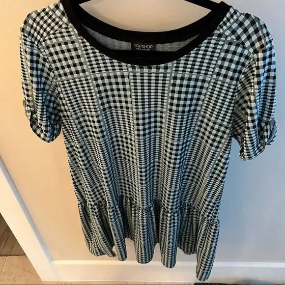 Topshop black blue gingham shirt dress size 10 US. Bought at Topshop London.