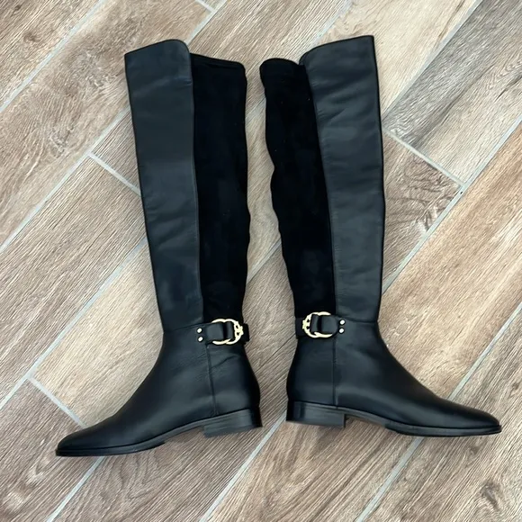 Tori Burch Leather and suede over the knee boots with gold hardware