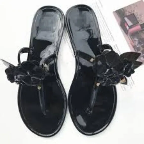 Tory Burch Black Floral Women's Jelly Sandals Size 8
