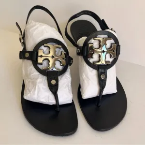 Tory Burch Black Holly Miller Kitten Heels Gold Logo Sandals Leather Womens 8.5