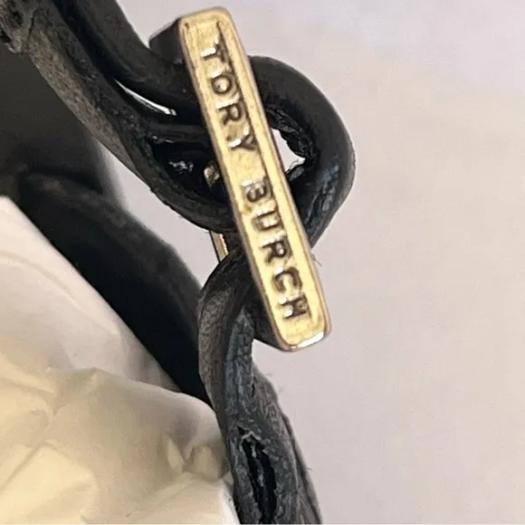 Tory Burch Black Holly Miller Kitten Heels Gold Logo Sandals Leather Womens 8.5