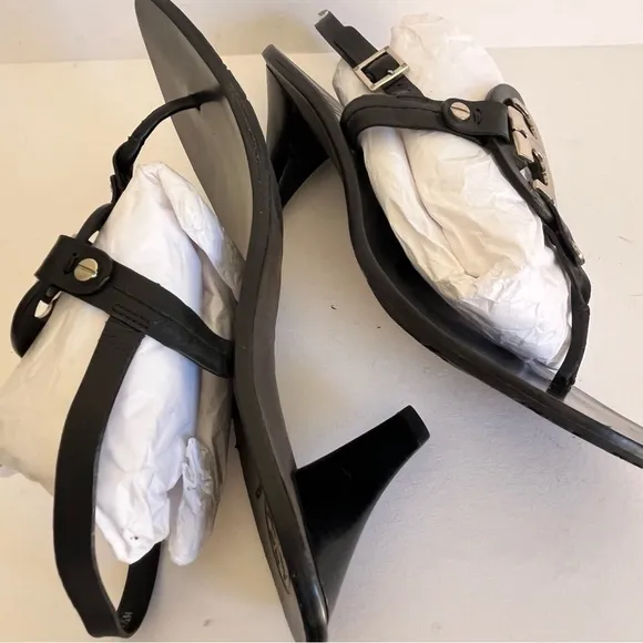 Tory Burch Black Holly Miller Kitten Heels Gold Logo Sandals Leather Womens 8.5