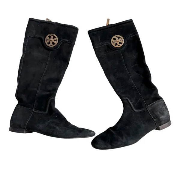 TORY BURCH Black Suede Logo Riding Tall Boot Size 9 EUC. Side Zipper