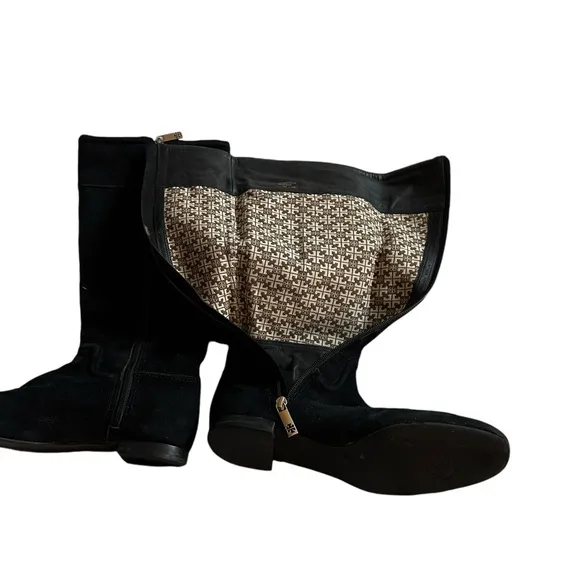 TORY BURCH Black Suede Logo Riding Tall Boot Size 9 EUC. Side Zipper