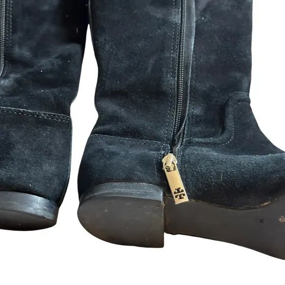 TORY BURCH Black Suede Logo Riding Tall Boot Size 9 EUC. Side Zipper
