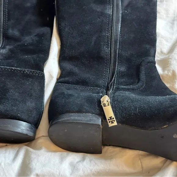 TORY BURCH Black Suede Logo Riding Tall Boot Size 9 EUC. Side Zipper
