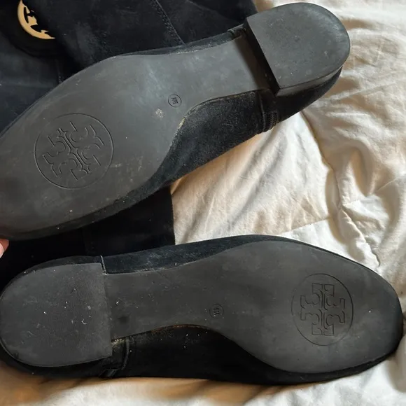 TORY BURCH Black Suede Logo Riding Tall Boot Size 9 EUC. Side Zipper