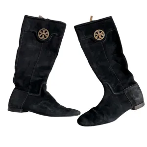 TORY BURCH Black Suede Logo Riding Tall Boot Size 9 EUC. Side Zipper
