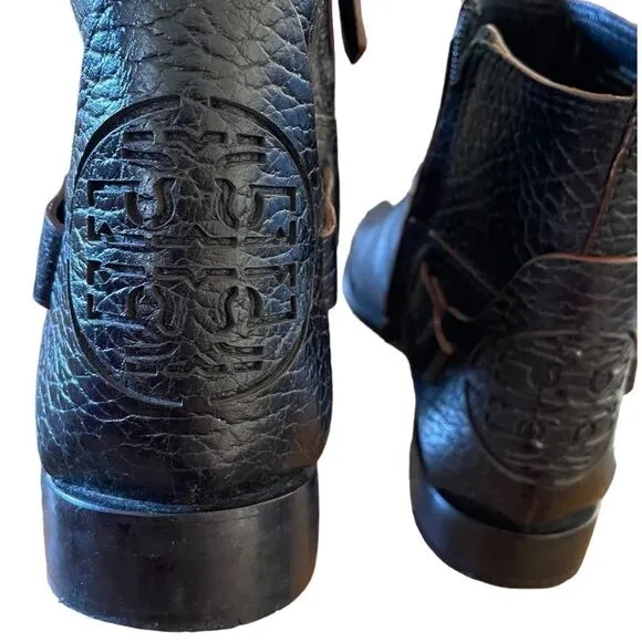 Tory Burch Derby Ankle Boots Pebble Leather Black