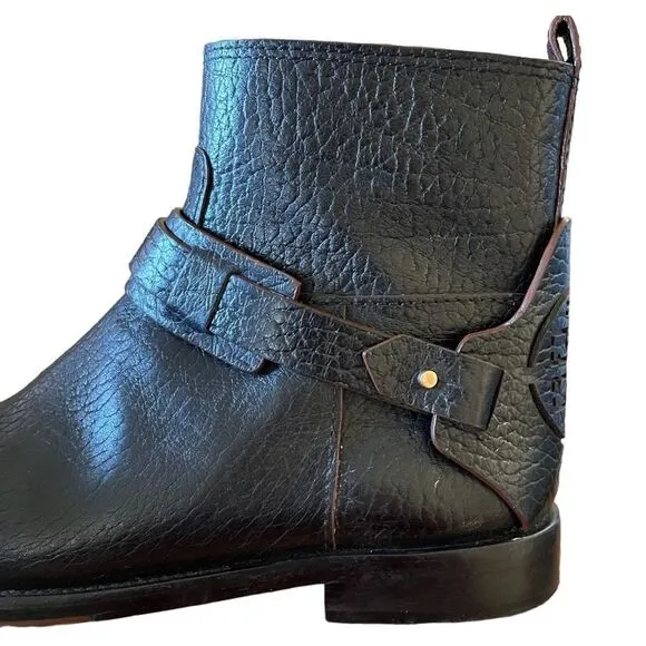 Tory Burch Derby Ankle Boots Pebble Leather Black
