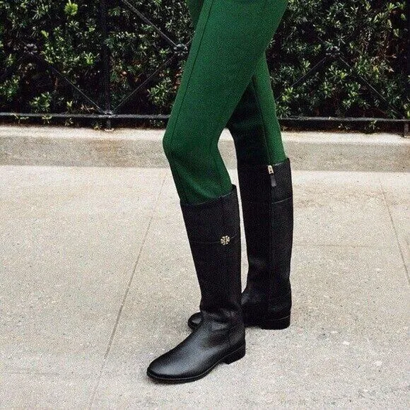Tory Burch Jolie Riding Boots Black Tall Tumbled Leather Gold Logo Round…
