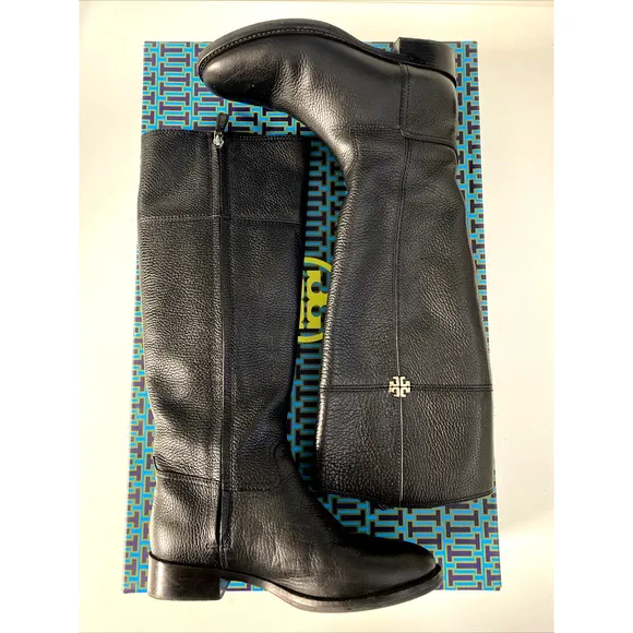 Tory Burch Jolie Riding Boots Black Tall Tumbled Leather Gold Logo Round…