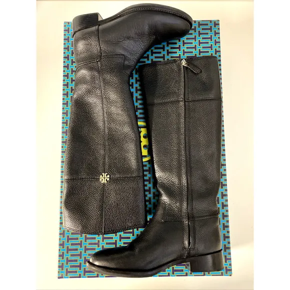 Tory Burch Jolie Riding Boots Black Tall Tumbled Leather Gold Logo Round…
