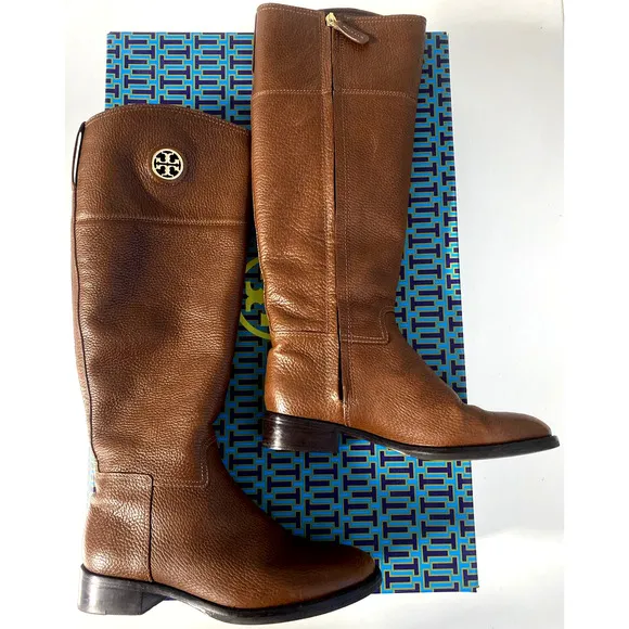 Tory Burch Junction Riding Boots Almond Brown Tall Leather Logo Round Toe 6.5