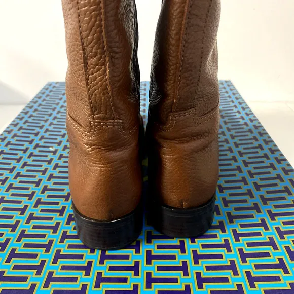 Tory Burch Junction Riding Boots Almond Brown Tall Leather Logo Round Toe 6.5