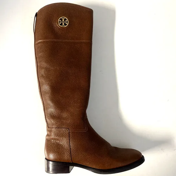 Tory Burch Junction Riding Boots Almond Brown Tall Leather Logo Round Toe 6.5