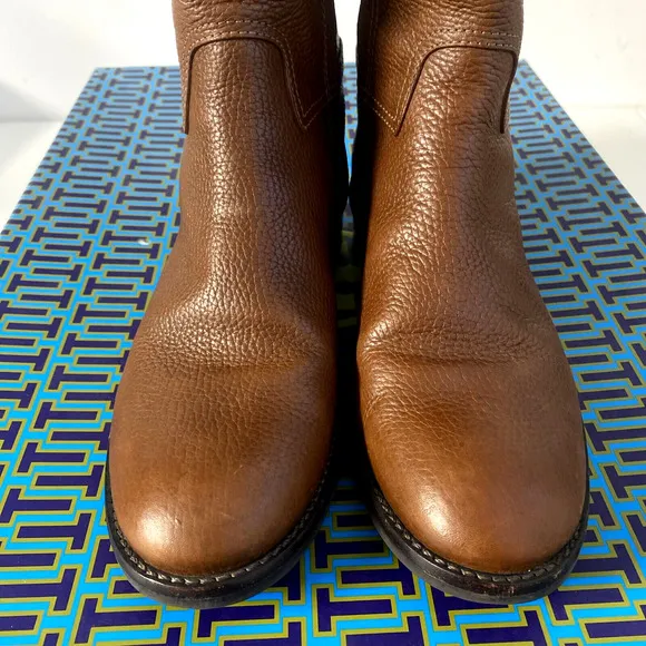 Tory Burch Junction Riding Boots Almond Brown Tall Leather Logo Round Toe 6.5