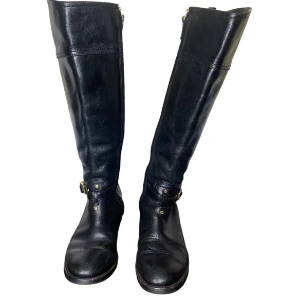 Tory Burch Logo Black Leather Riding Boots