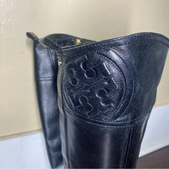Tory Burch Logo Black Leather Riding Boots