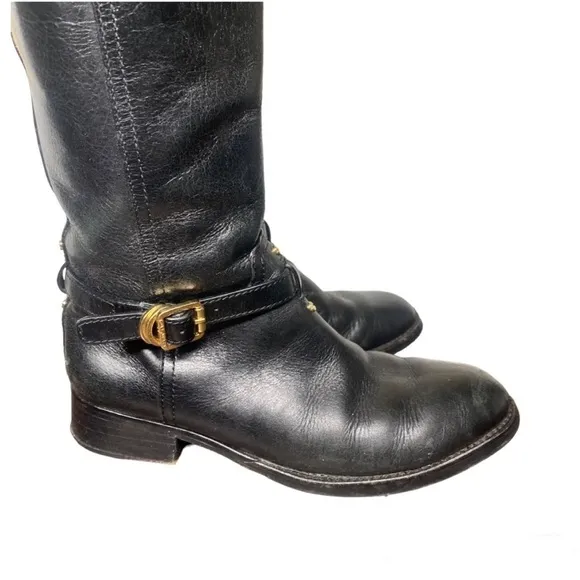 Tory Burch Logo Black Leather Riding Boots