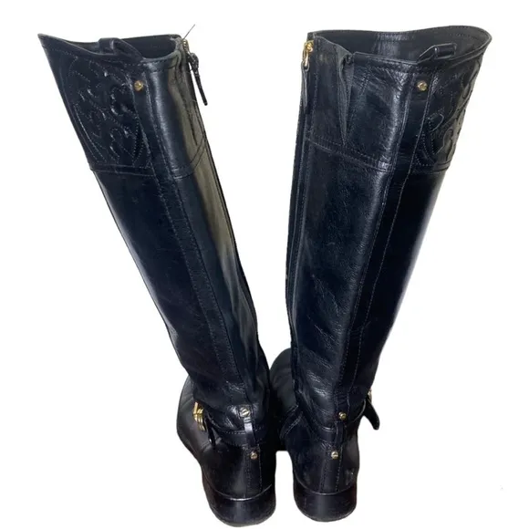 Tory Burch Logo Black Leather Riding Boots
