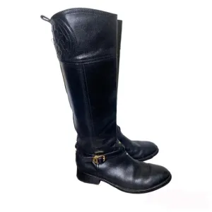 Tory Burch Logo Black Leather Riding Boots