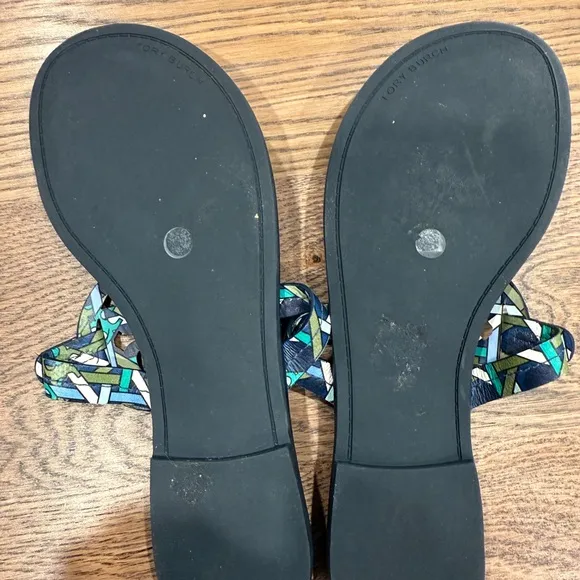 Tory Burch Miller Blue and Green Sandals with Geometric Pattern
