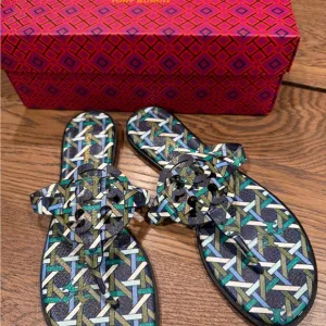 Tory Burch Miller Blue and Green Sandals with Geometric Pattern