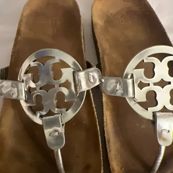 Tory Burch Miller Cloud Leather Sandal  silver Cream/Caramel  Size 9.5 -