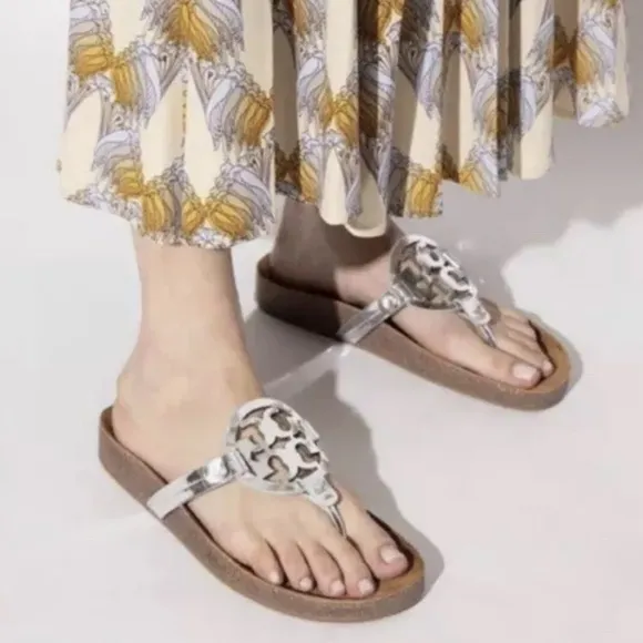 Tory Burch Miller Cloud Leather Sandal  silver Cream/Caramel  Size 9.5 -