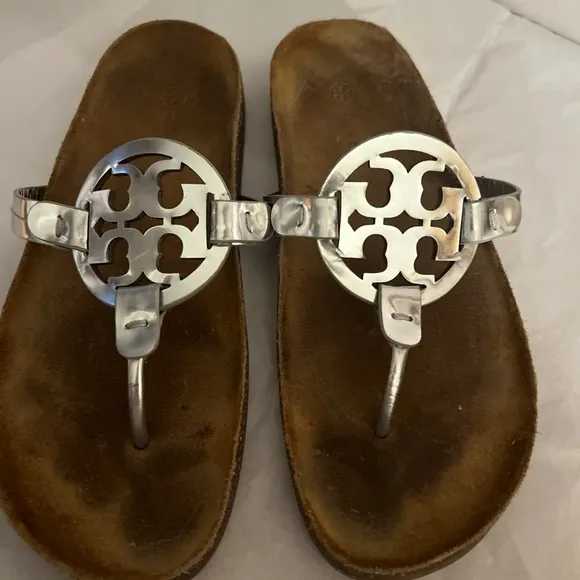 Tory Burch Miller Cloud Leather Sandal  silver Cream/Caramel  Size 9.5 -