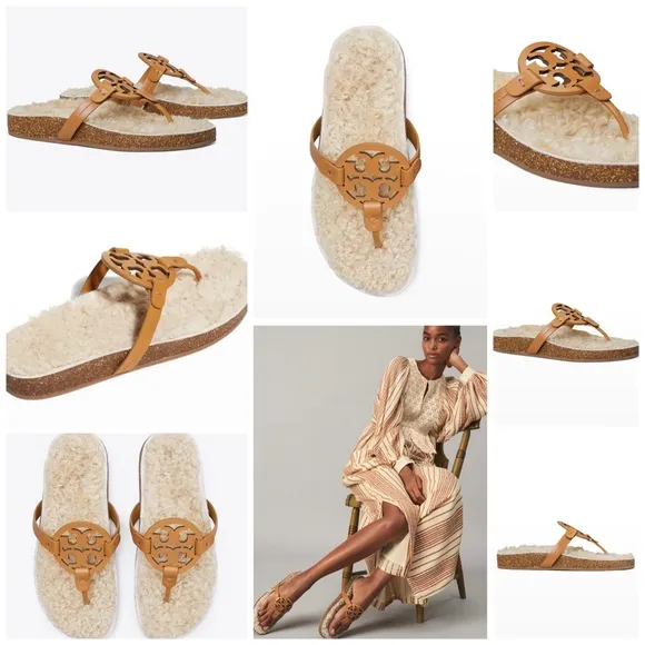 Tory Burch Miller Cloud Shearling Medallion Thong Sandals in Size 8.5 New in Box