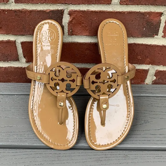 Tory Burch Miller Sandals in Tan Patent Leather